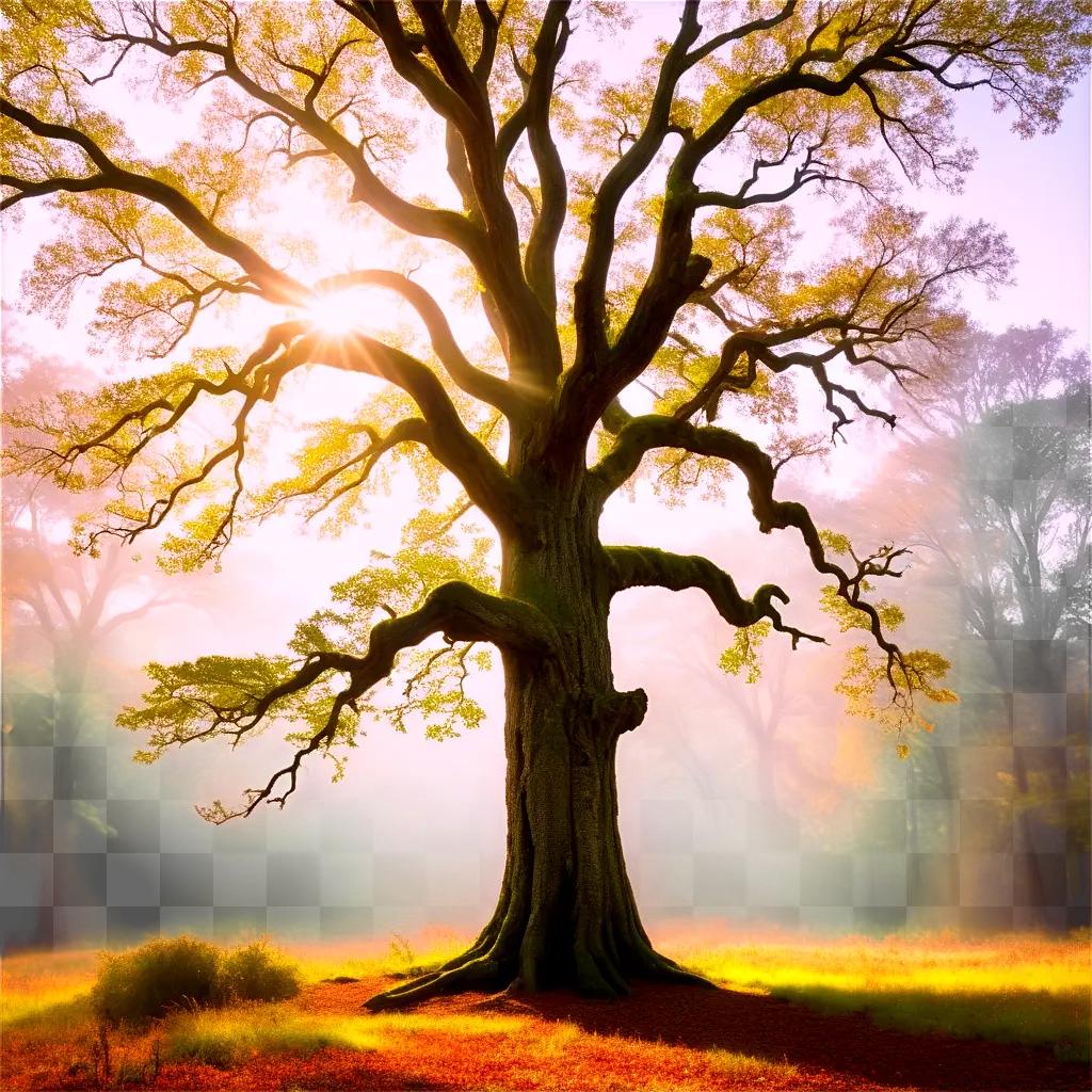 Tree stands tall in a sunlit, foggy forest