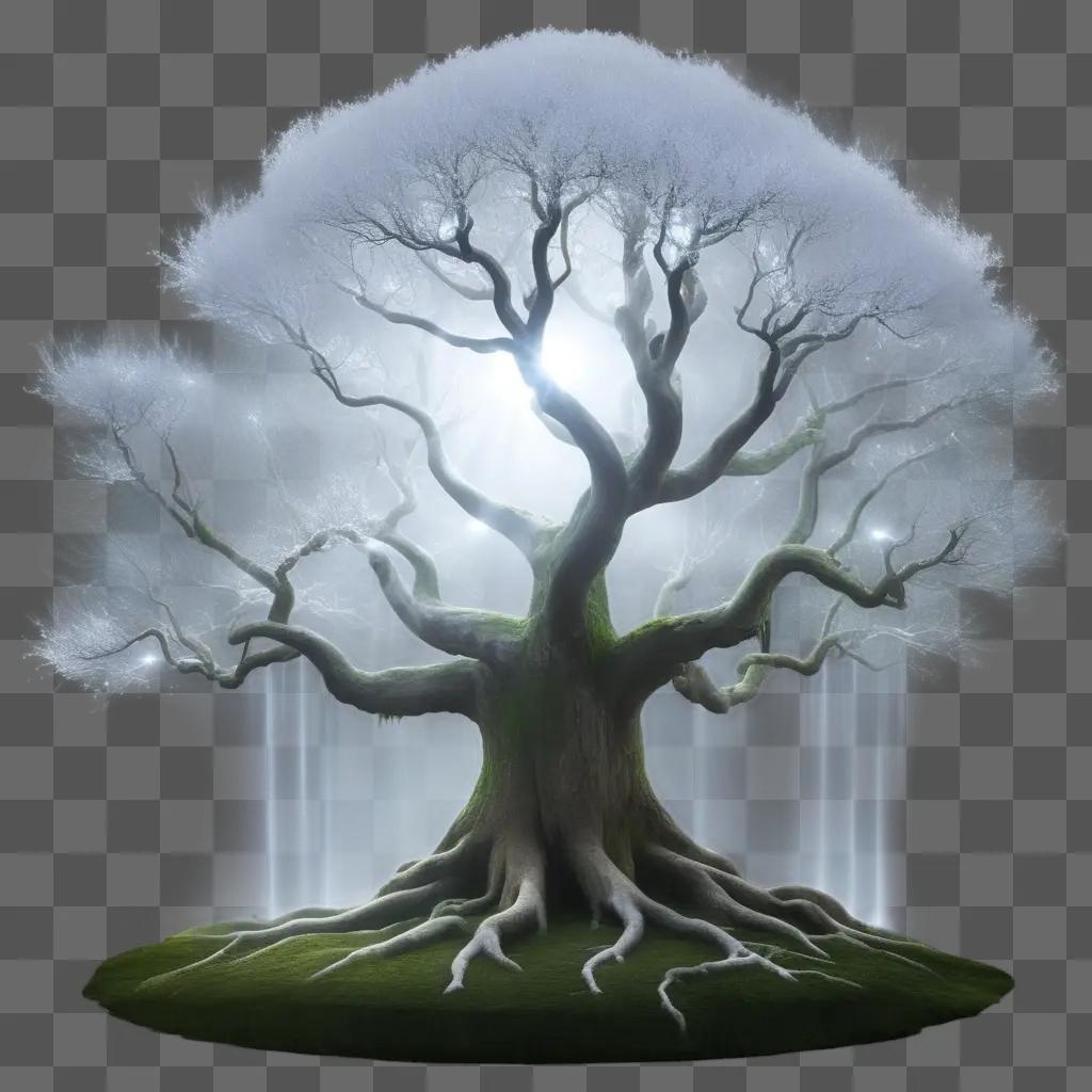 Tree with roots and light on top, surrounded by clouds