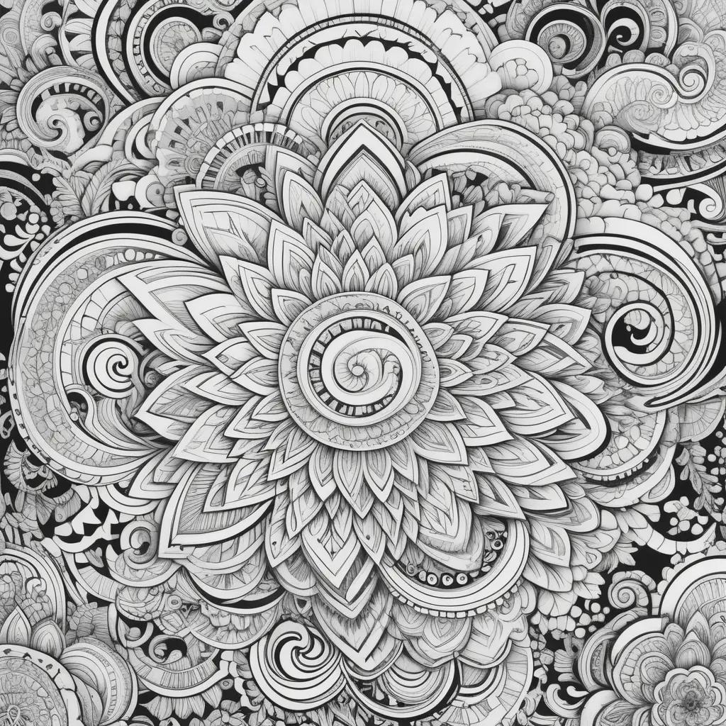 Trippy Coloring Pages: Black and White Artwork with a Lotus Flower Design