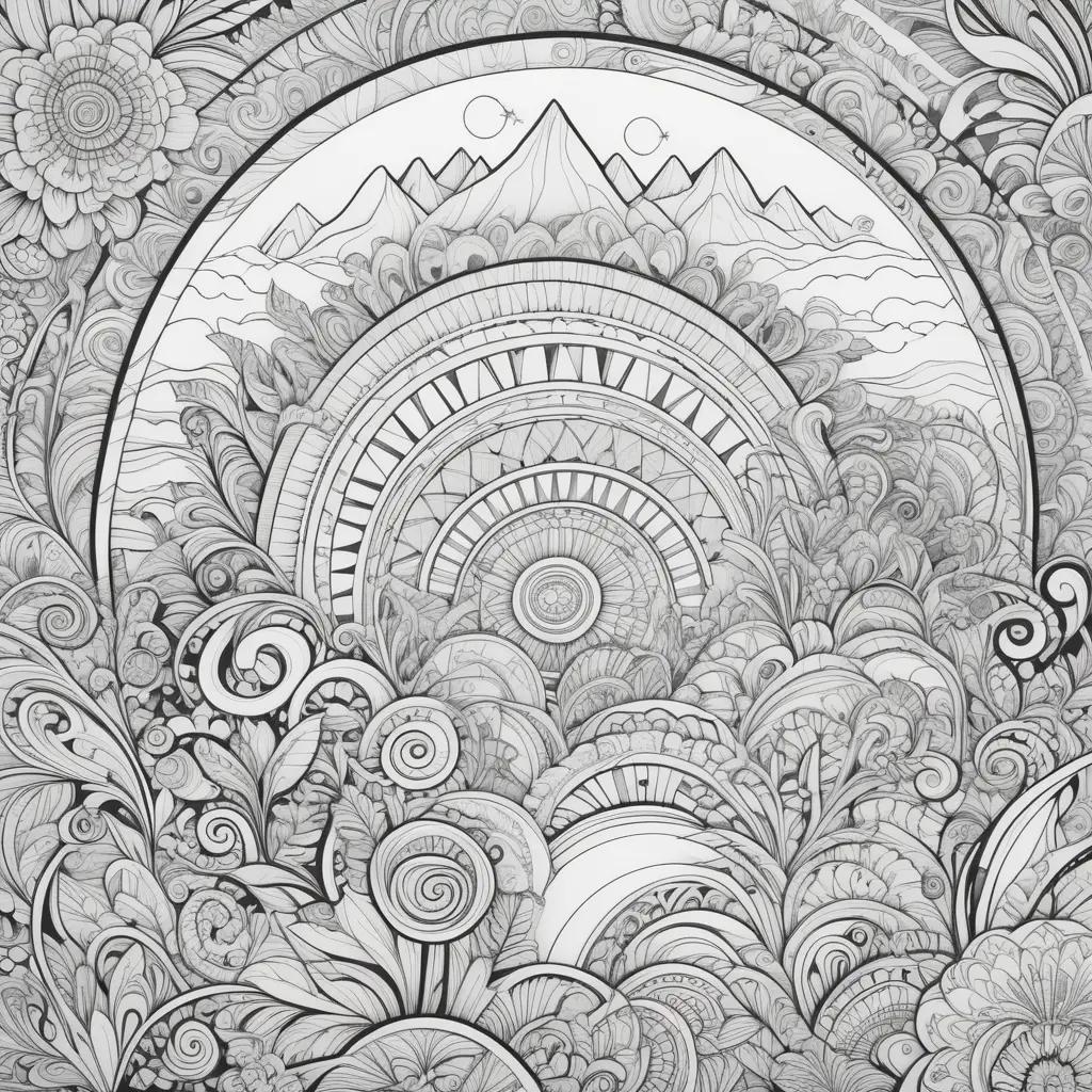 Trippy coloring pages featuring a mountain landscape