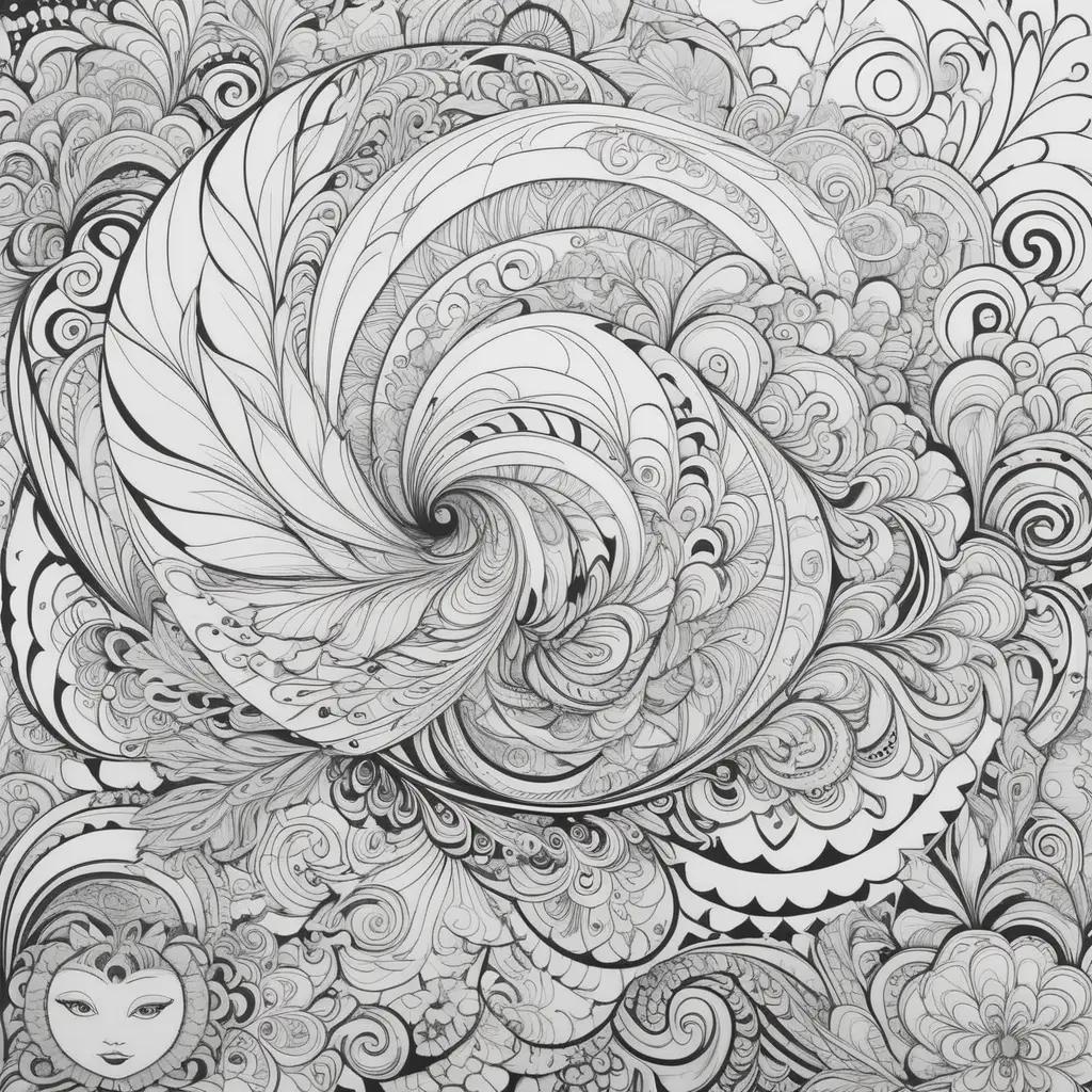 Trippy coloring pages for adults with a girl and a face