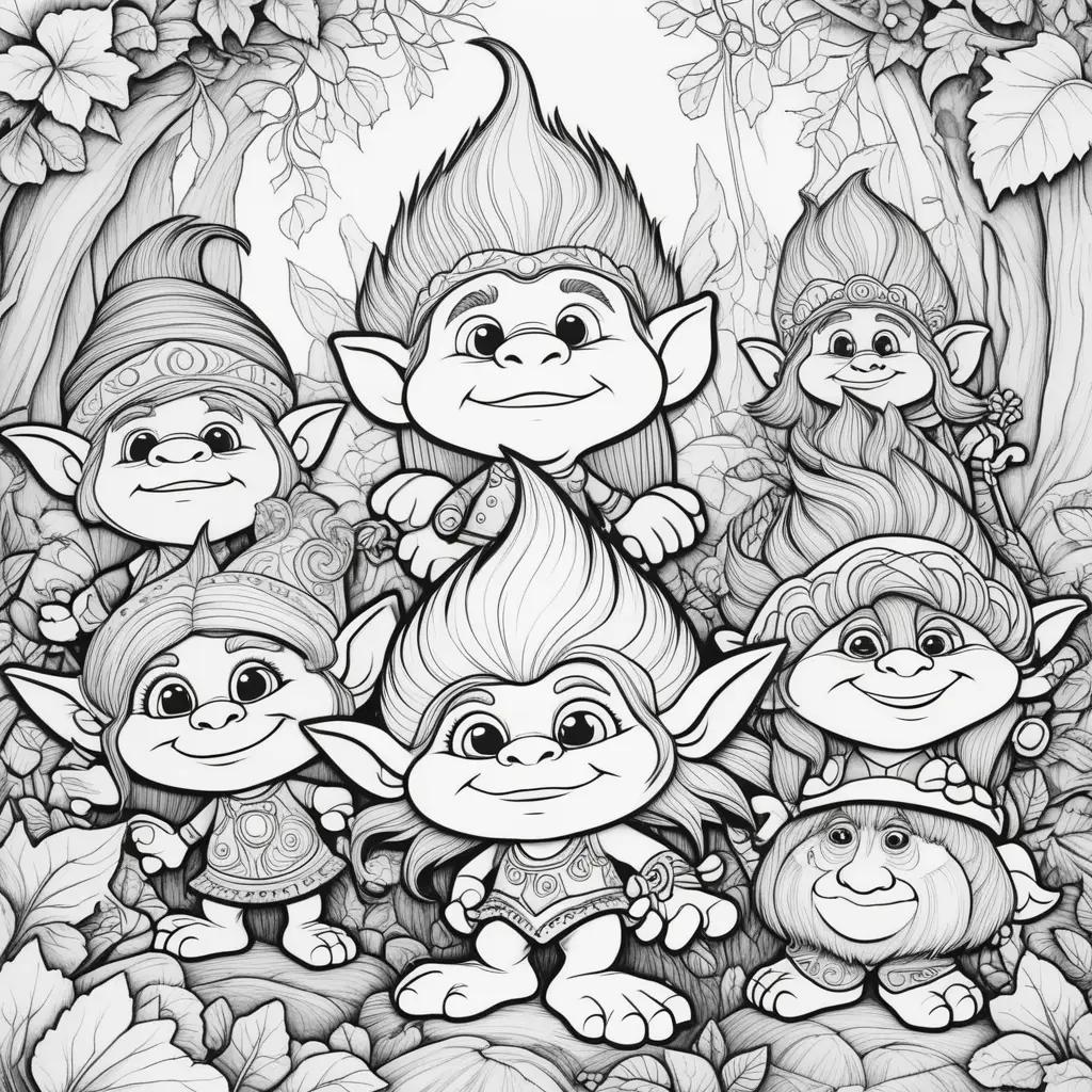 Trolls Coloring Pages: Five Gnomes in a Forest