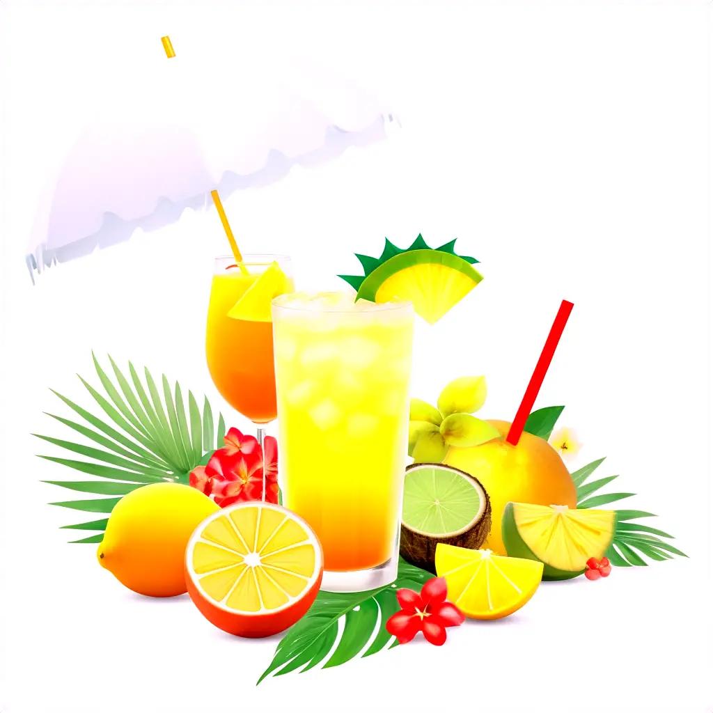 Tropical drink served under umbrella with lemons and oranges