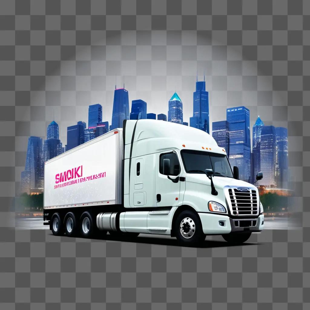 Truck driving in a city with a transparent background