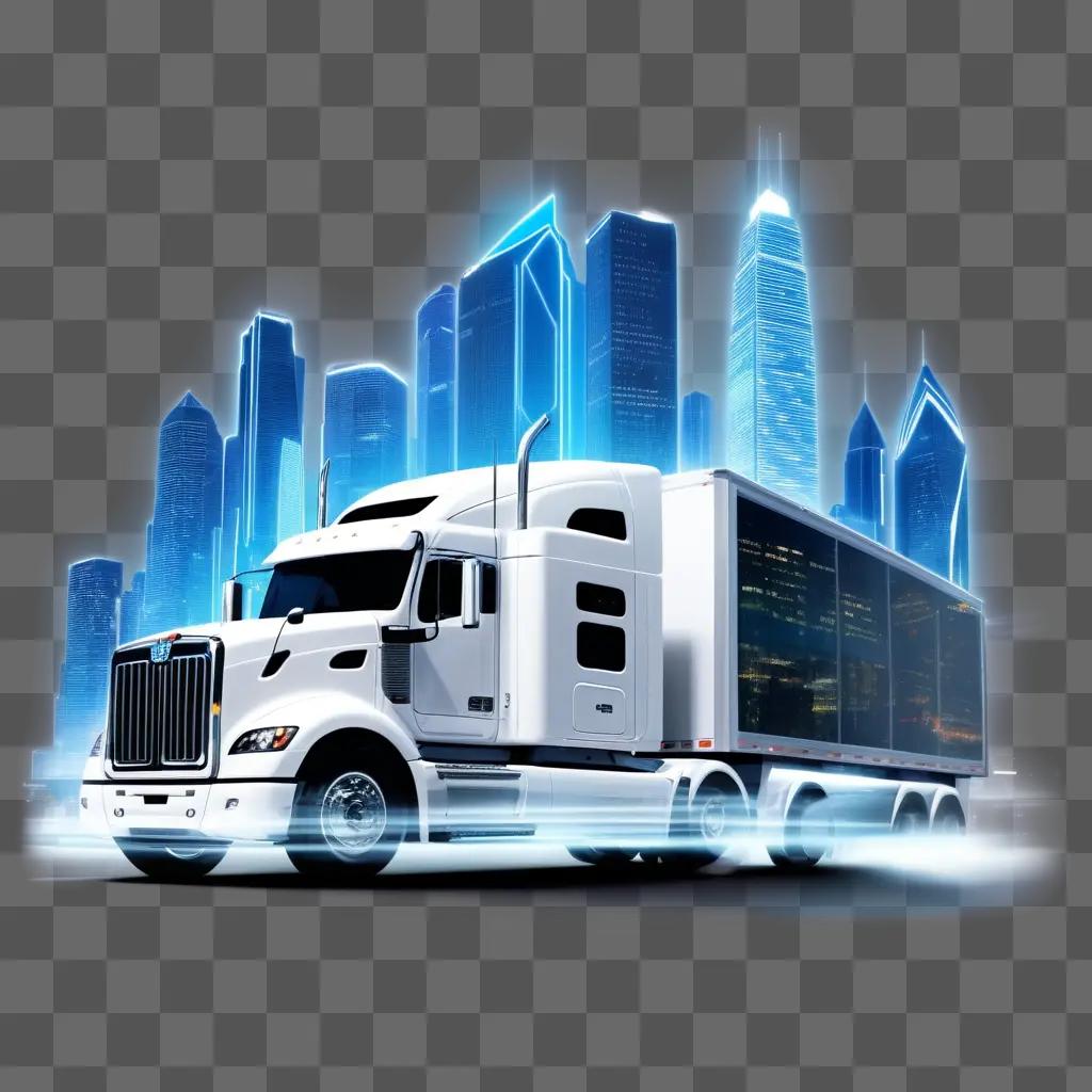 Truck transparent against cityscape in motion