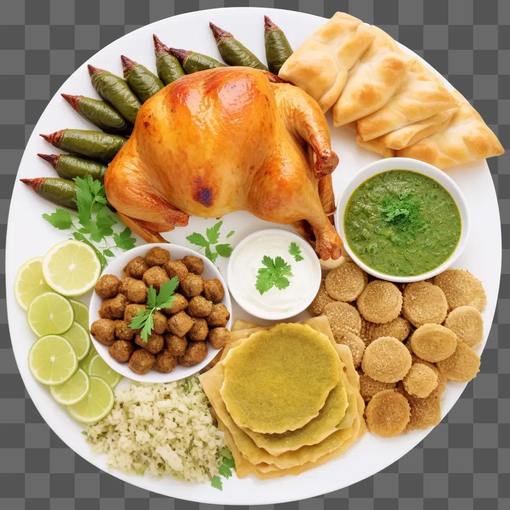 Turkey on plate with various food items and garnishments