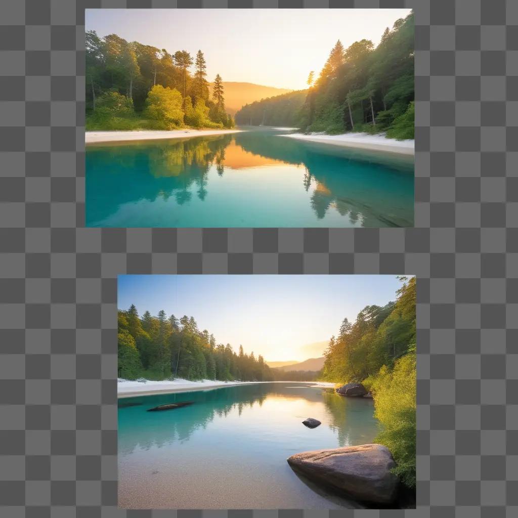 Two 3D images of a river with trees and mountains in the background