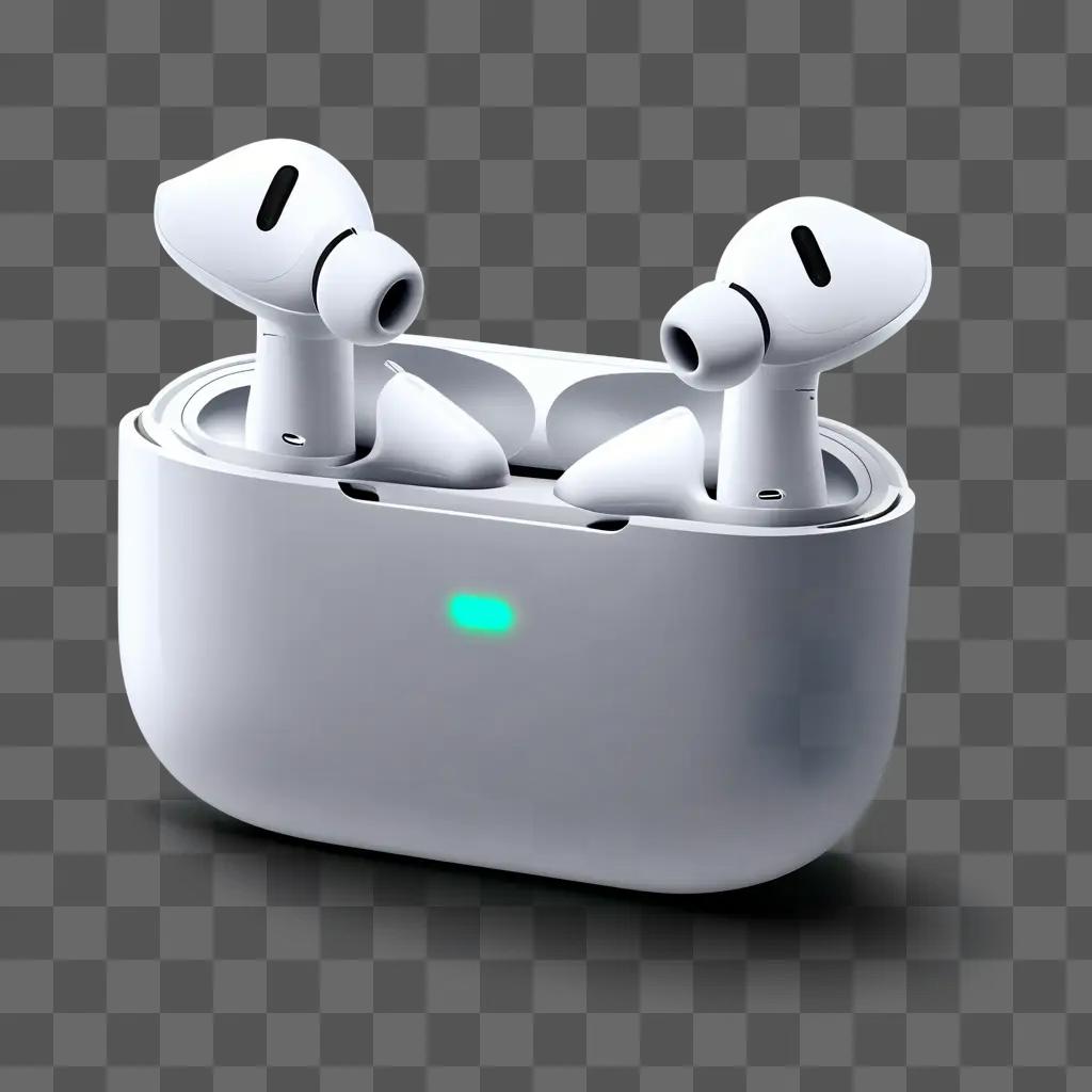 Two AirPods sit in an open case on a gray background