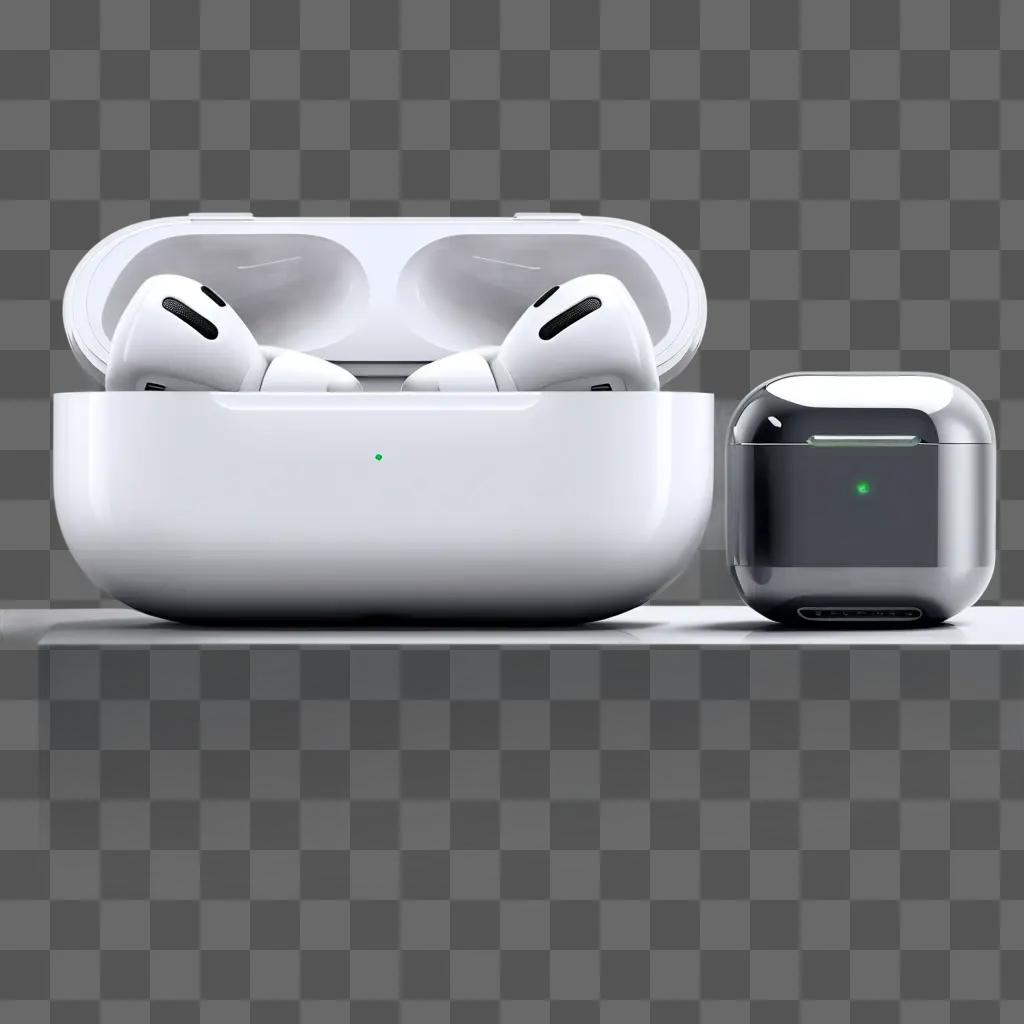 Two AirPods sit on a shelf, one with charging case