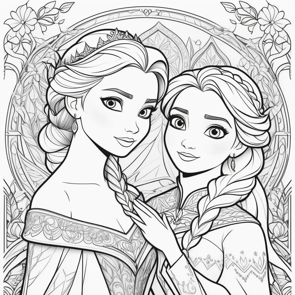 Two Disney Princess coloring pages featuring Elsa and Anna