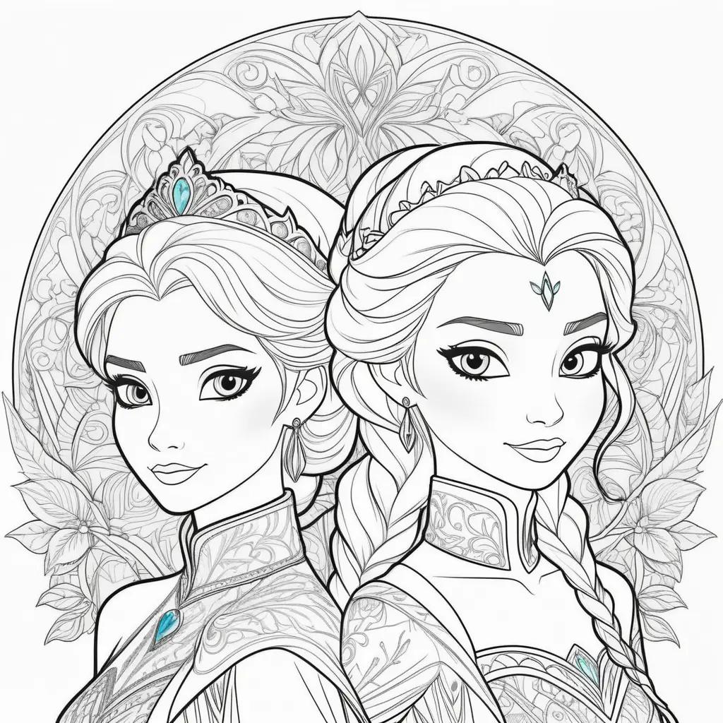 Two Elsa Anna coloring pages in black and white