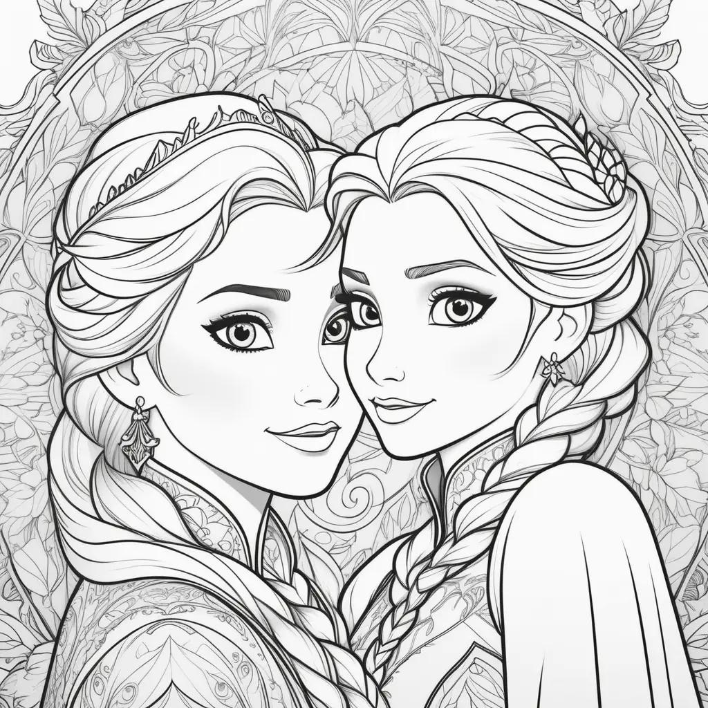 Two Elsa and Anna coloring pages with a crown and a necklace