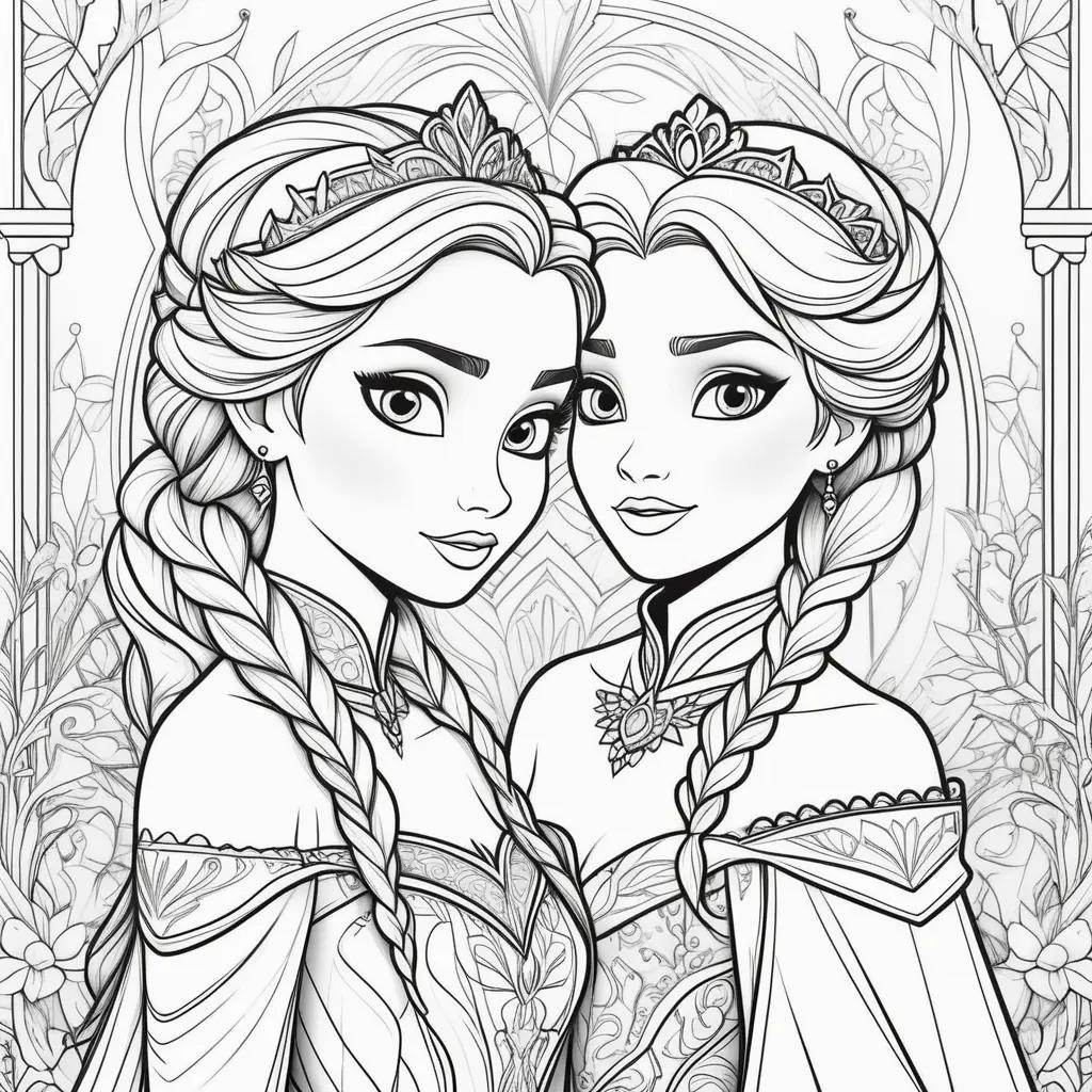 Two Elsa and Anna coloring pages with princesses