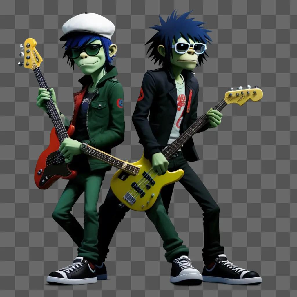 Two Gorillaz characters hold guitars and pose for a picture