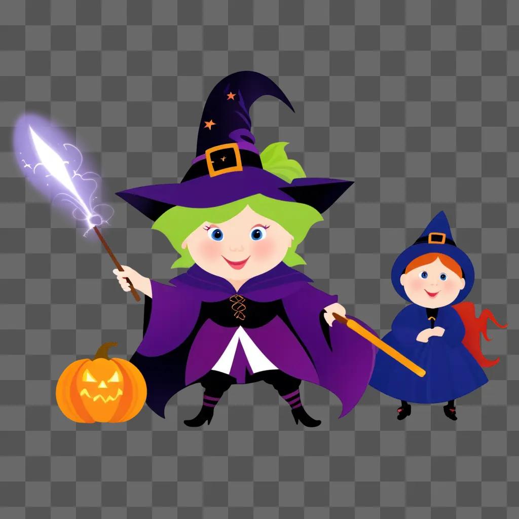 Two Halloween characters with a pumpkin and wand