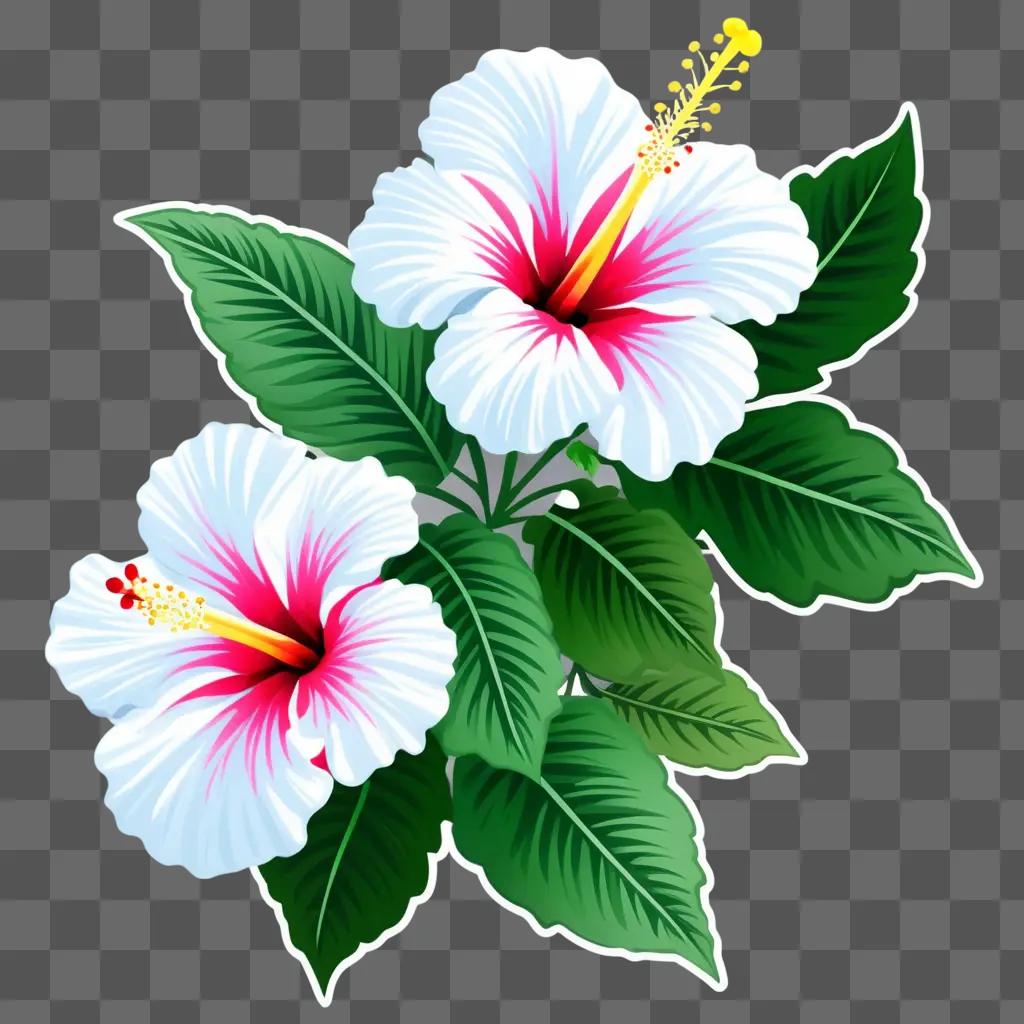 Two Hibiscus flowers with green leaves