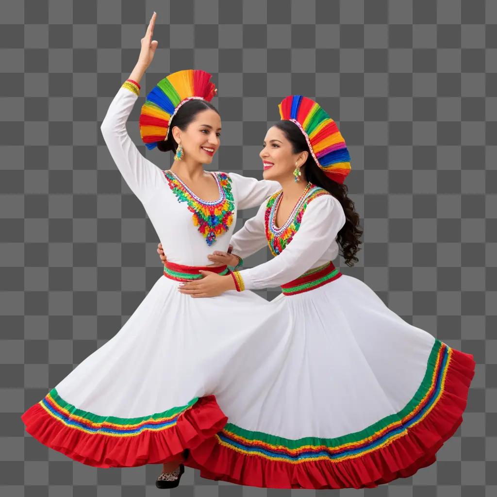 Two Hispanic dancers in a colorful costume perform together