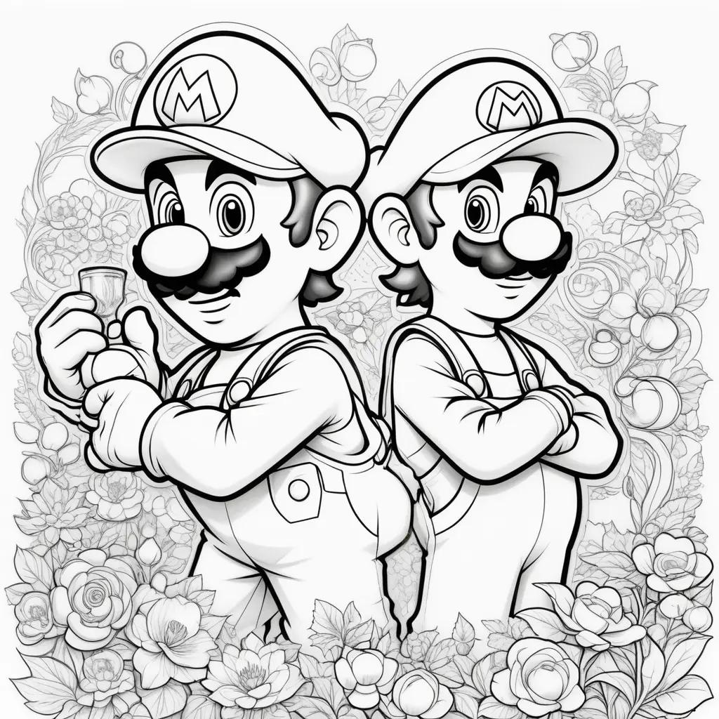 Two Mario and Luigi coloring page with flowers