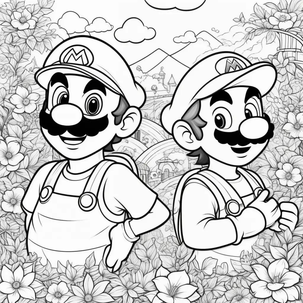 Two Mario and Luigi coloring pages featuring flowers and clouds