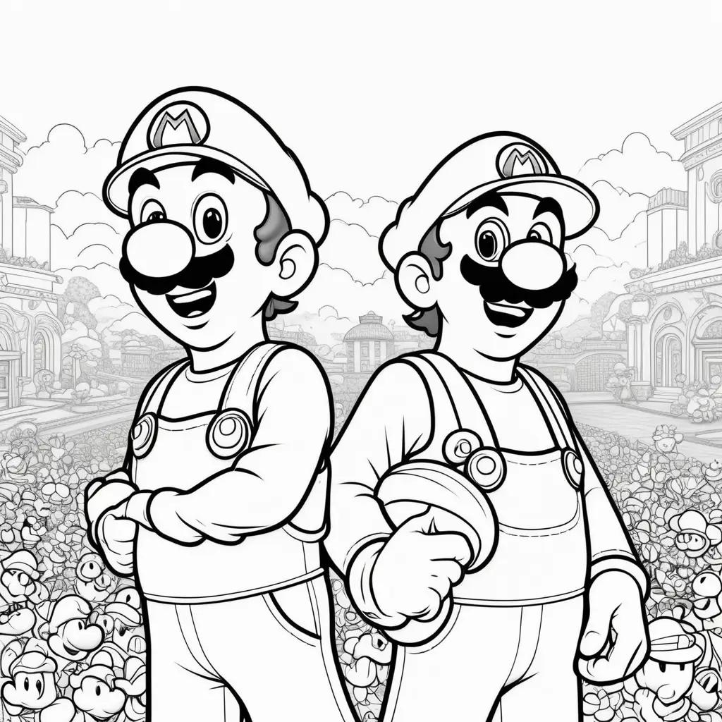 Two Mario and Luigi coloring pages in black and white