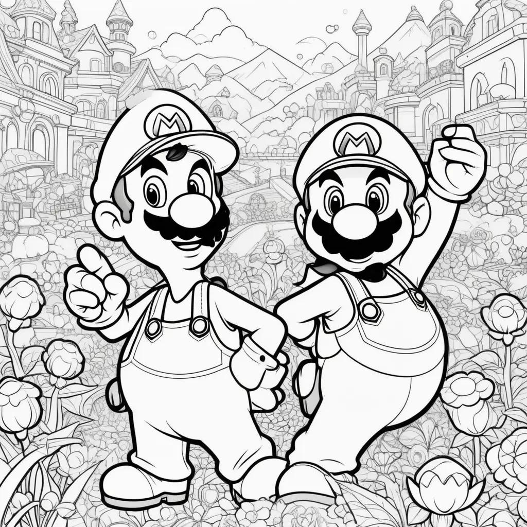 Two Mario and Luigi coloring pages in black and white