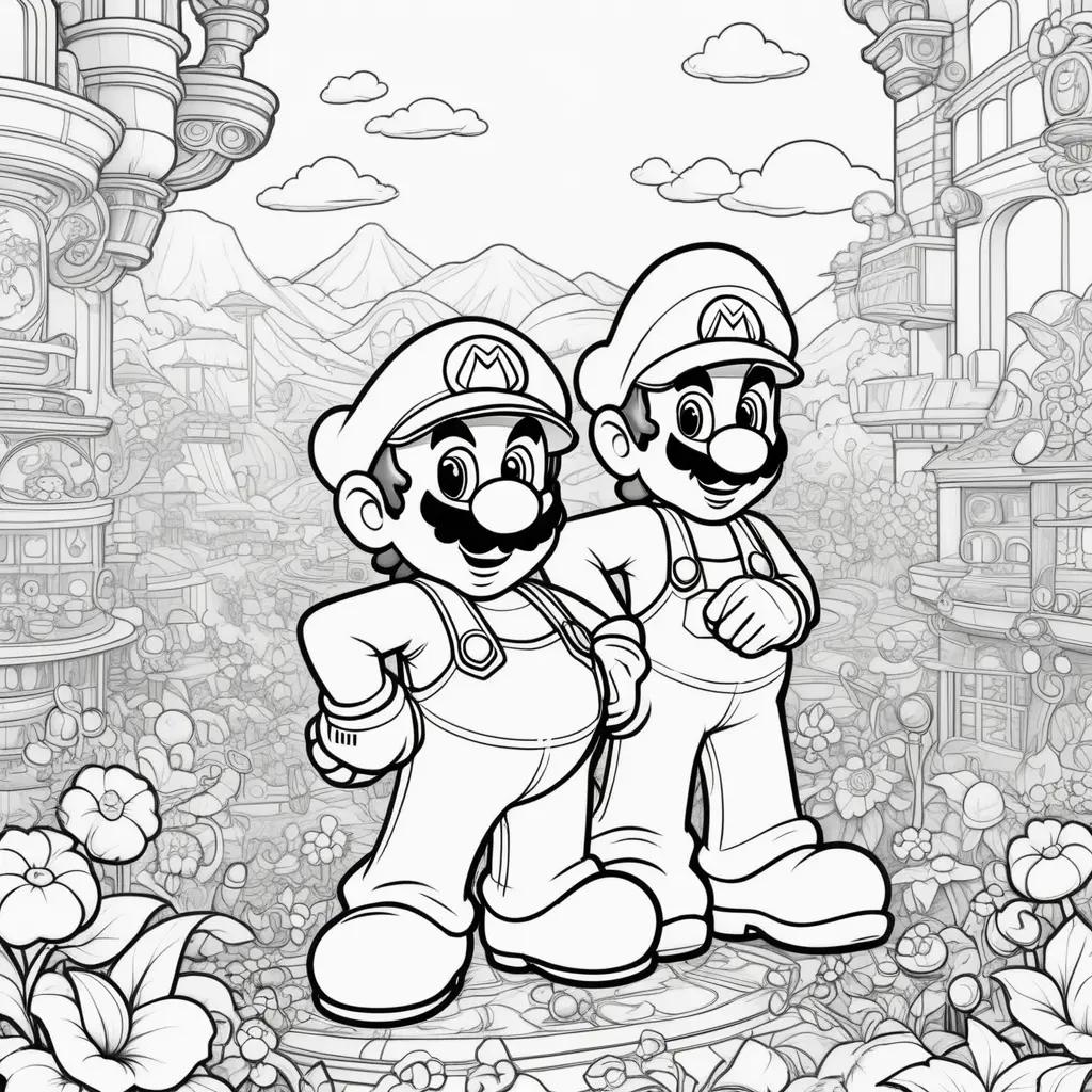 Two Mario and Luigi coloring pages in black and white