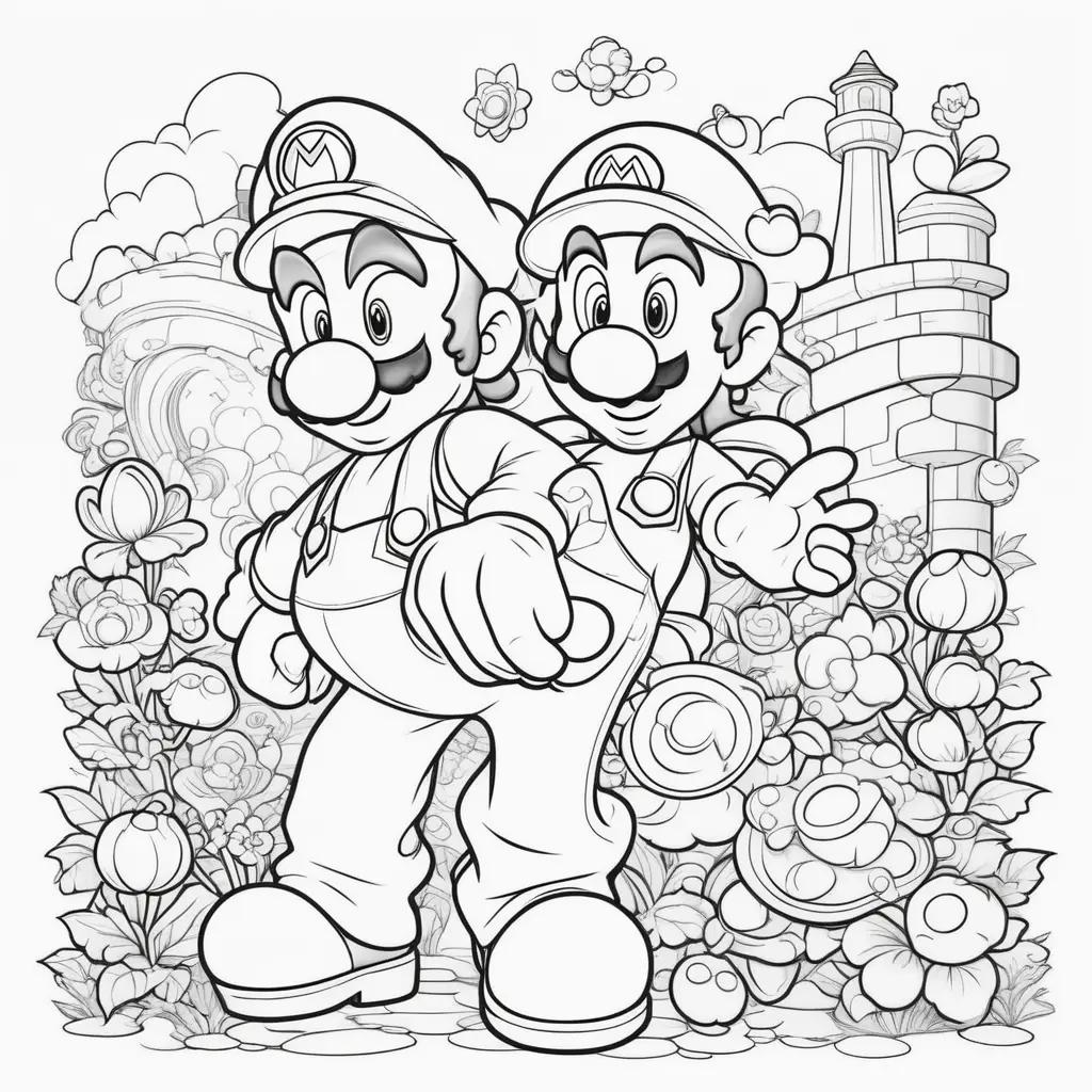 Two Mario and Luigi coloring pages with a castle in the background