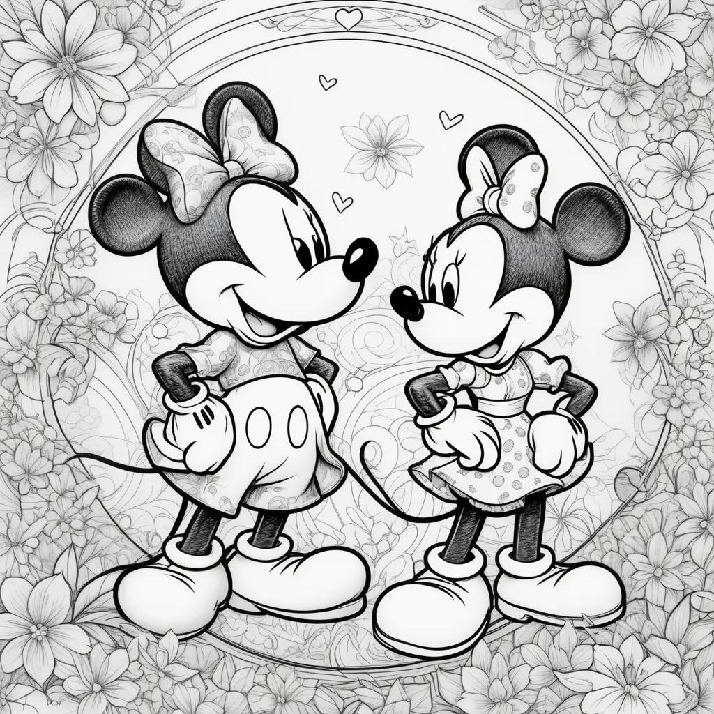 Two Mickey and Minnie coloring pages with hearts