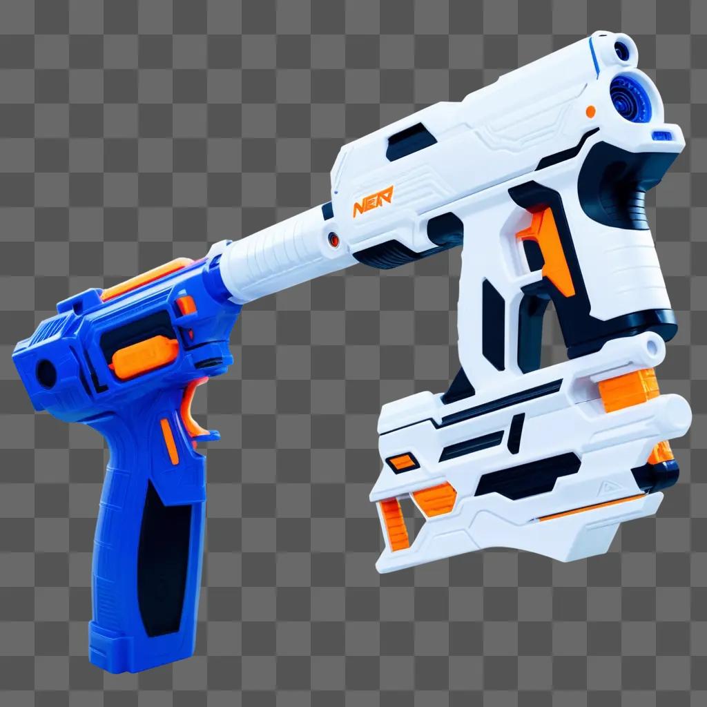 Two Nerf guns side by side on a gray background