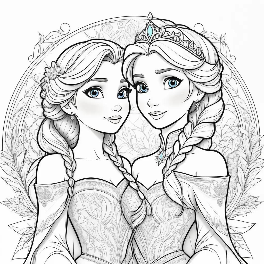 Two Princess Anna and Elsa coloring pages for adults