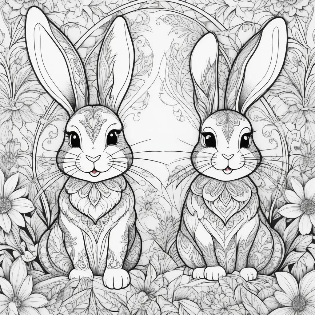 Two adorable bunnies in a flower garden