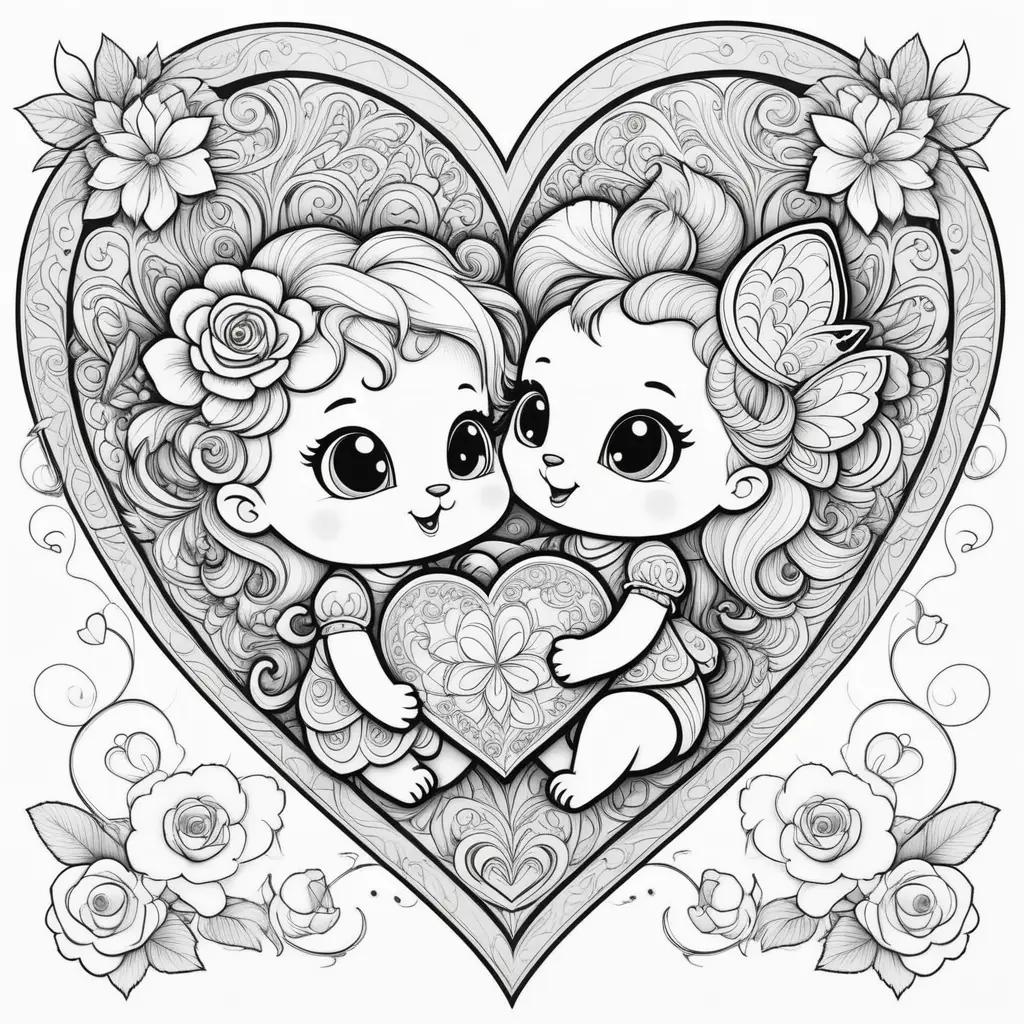 バラの花束と蝶を持つハート型の2人の愛らしい漫画のキャラクター