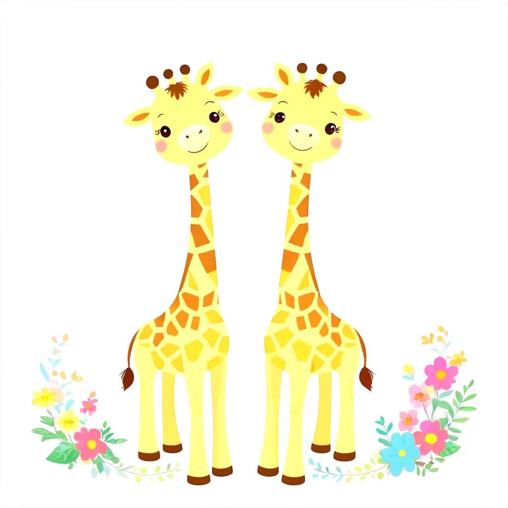 Two adorable giraffes with flowers in the background