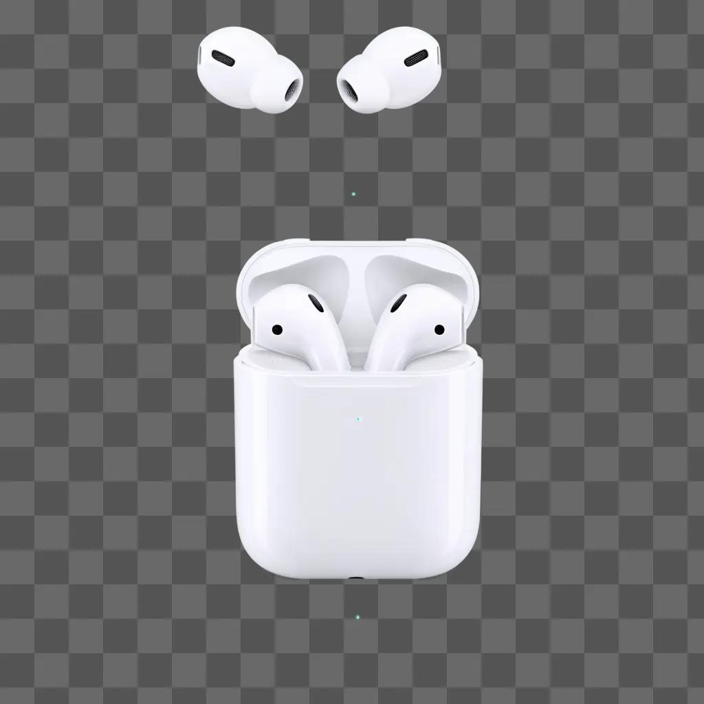 Two air pods sit in a white case on a white surface