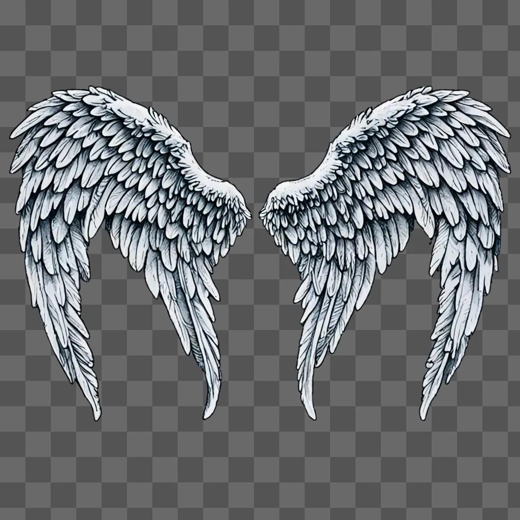 Two angel wings drawn in black and white