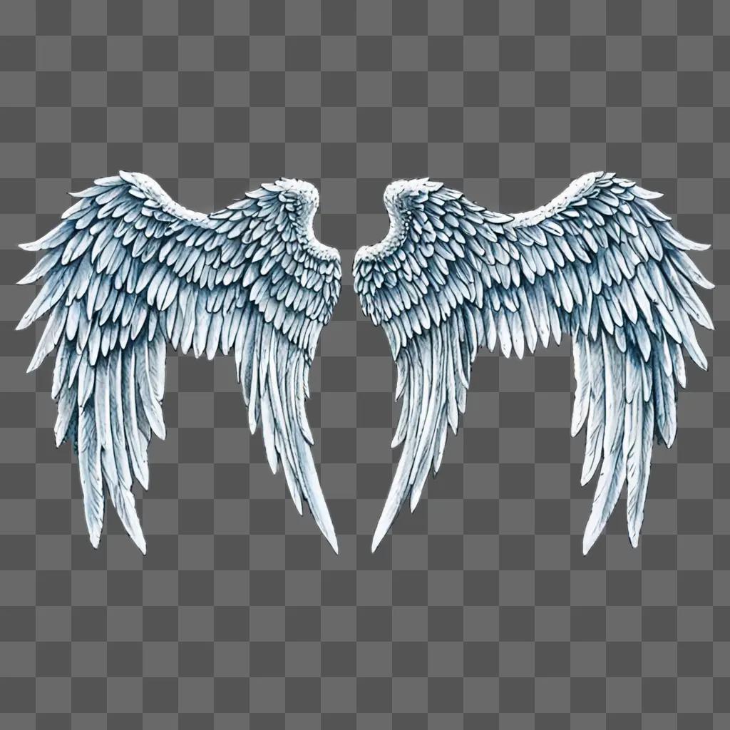 Two angel wings in drawing on grey background