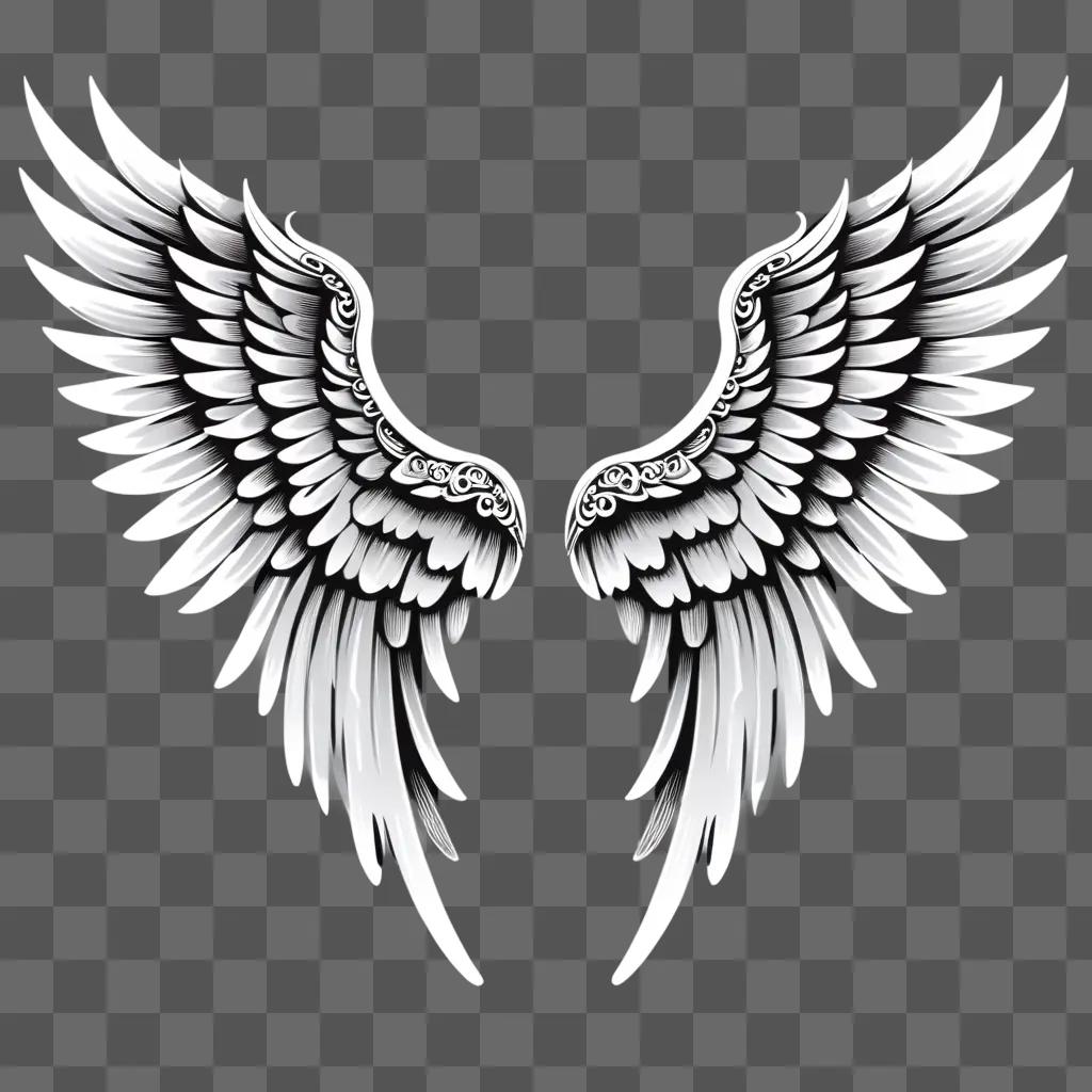 Two angel wings with intricate designs in a gray background