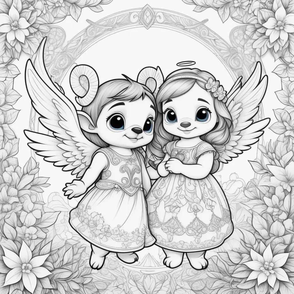 Two angels in black and white stitch coloring pages