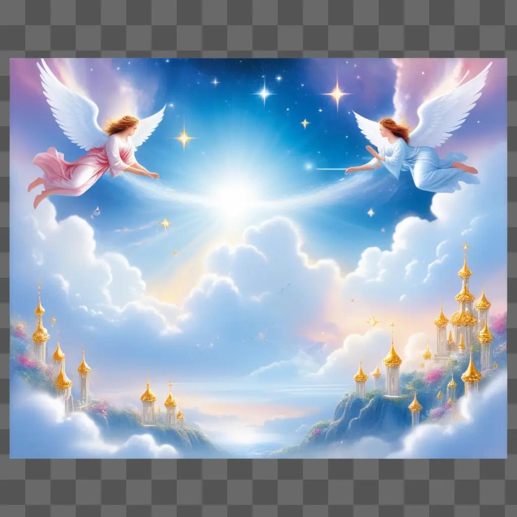 Two angels in the sky, one in blue and the other in pink, both flying towards the sun