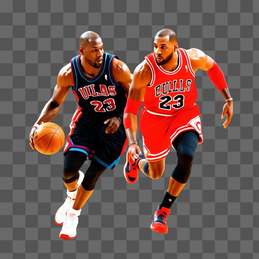 Two basketball players in action on a bright background