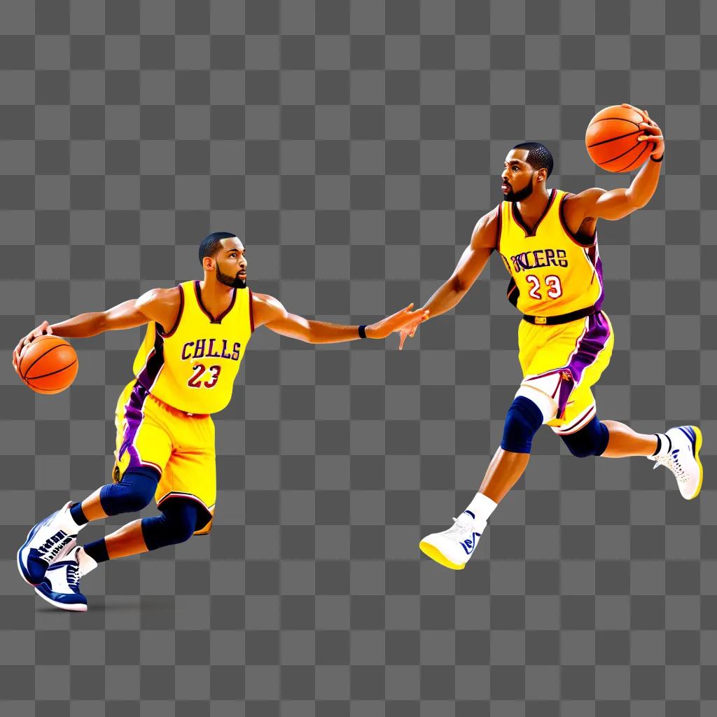 Two basketball players in action on a yellow background