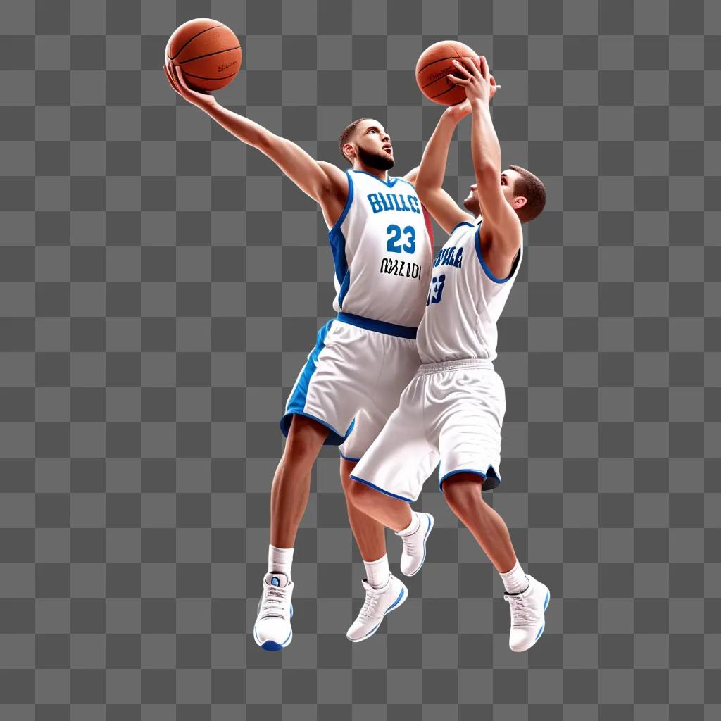 Two basketball players jump to shoot a basketball