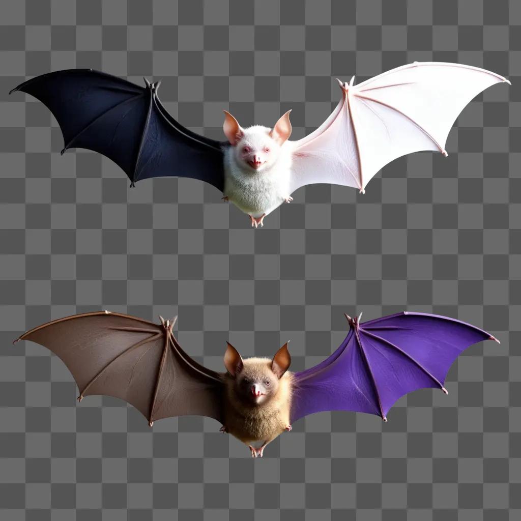 Two bats flying with a purple backdrop