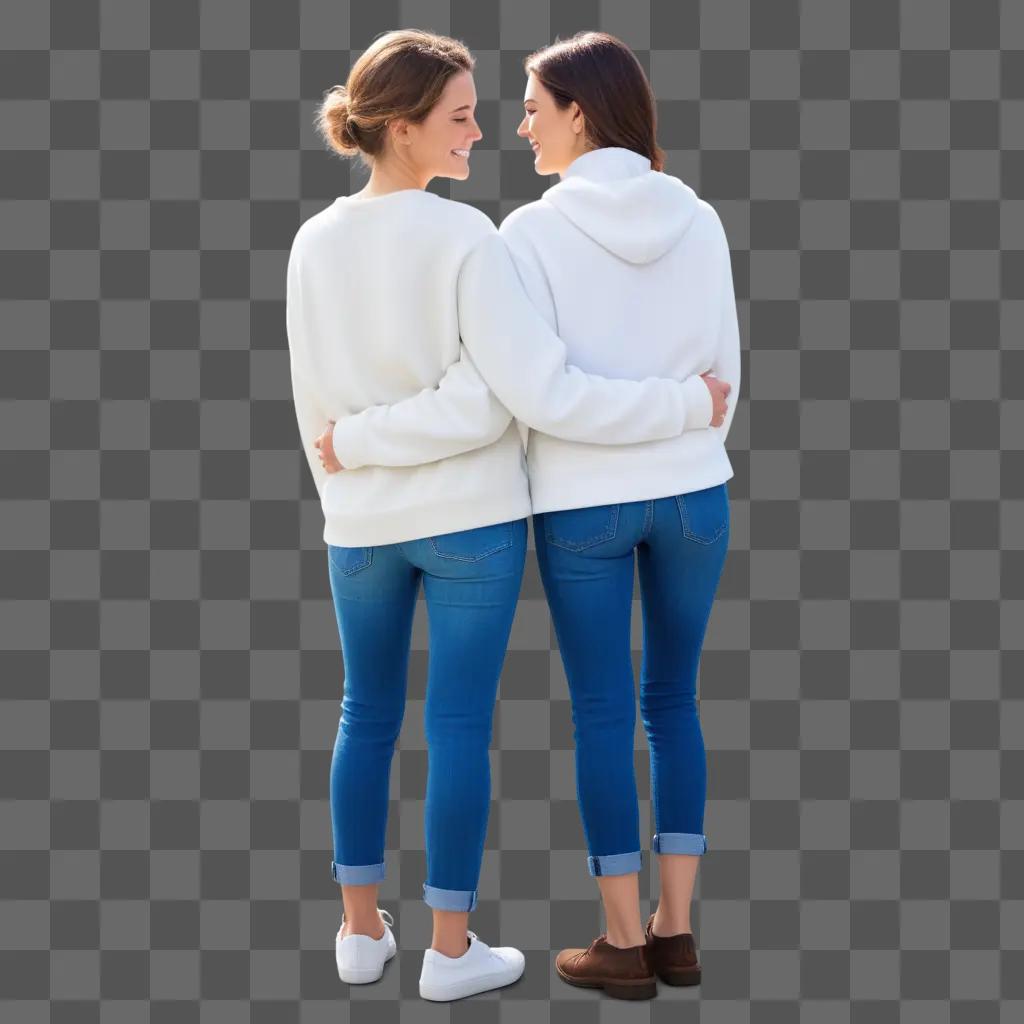 Two best friends embrace on a gray background