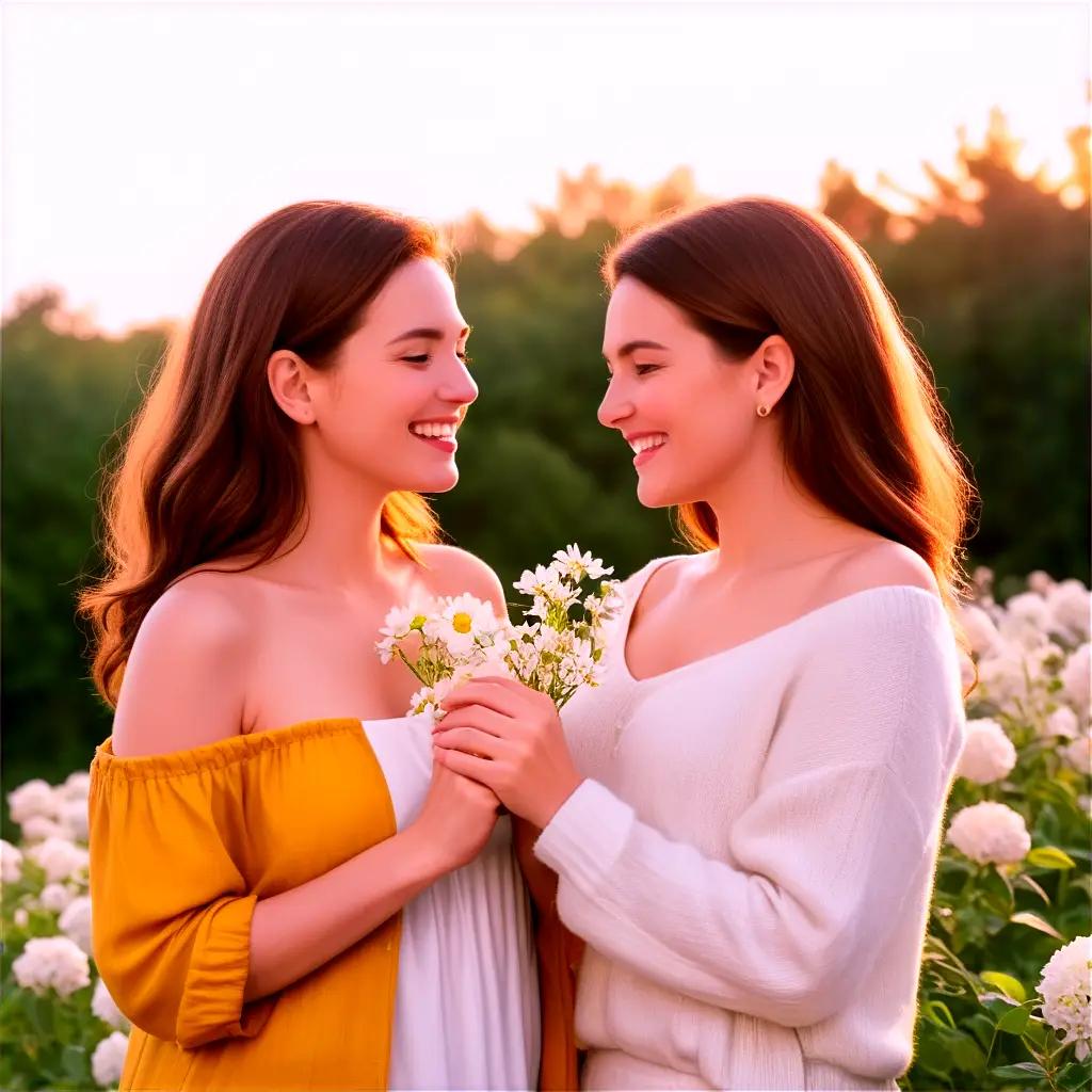 Two best friends hold flowers in a field