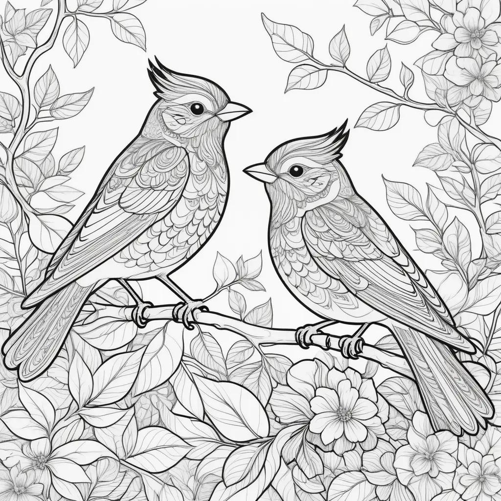 Two birds sit on a branch in a coloring page with flowers