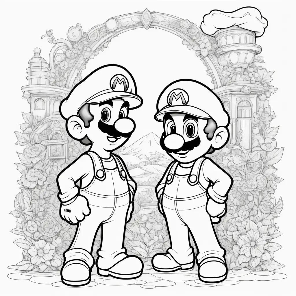 Two black and white coloring pages of Mario and Luigi