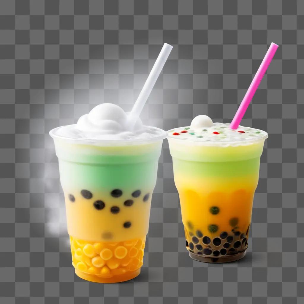 Two boba drinks with colorful toppings and straws