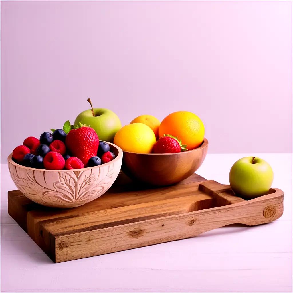 Two bowls with fruit sit on a cutting board