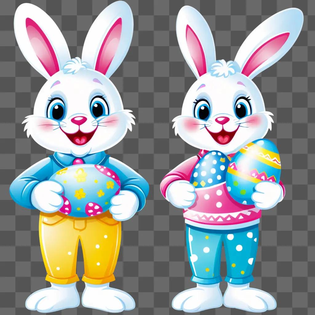 Two bunnies in Easter attire with happy expressions